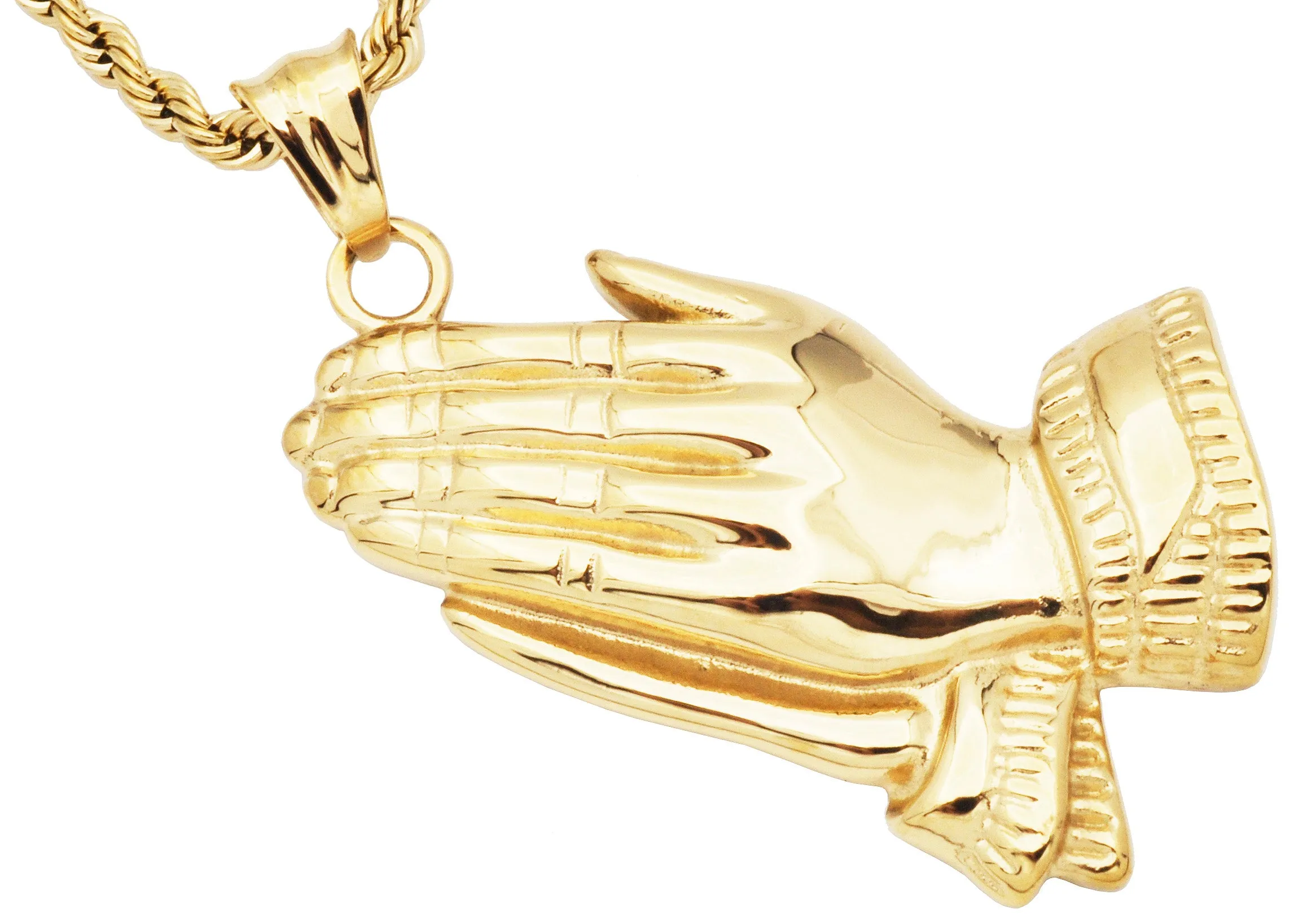 Mens Gold Plated Stainless Steel Praying Hands Pendant