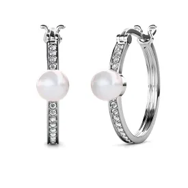 Nyla 18k White Gold Plated Crystal Pearl Hoop Earrings for Women