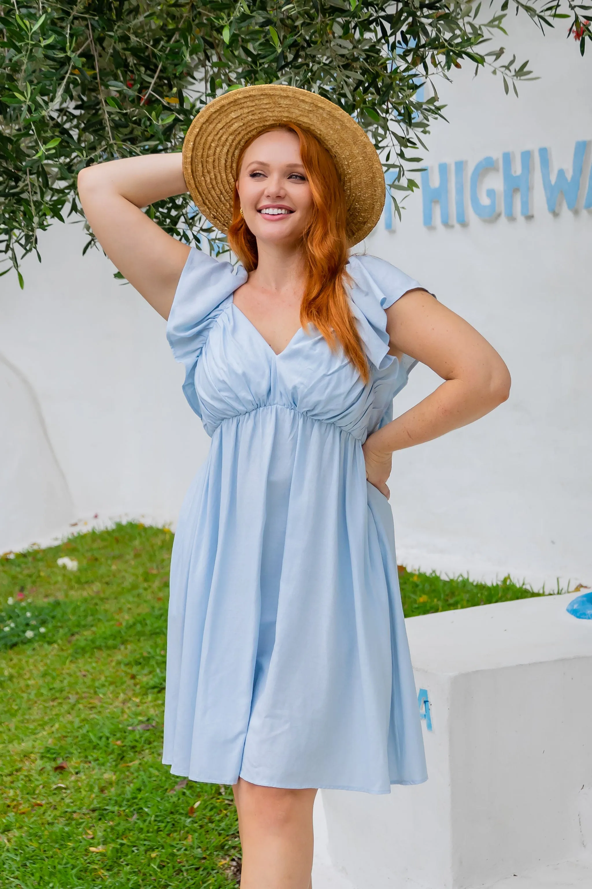 Tanya Linen Blend Party Dress in Light Blue