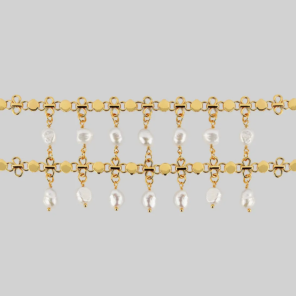 VALOUR. Double Chain Pearl Drop Choker - Gold