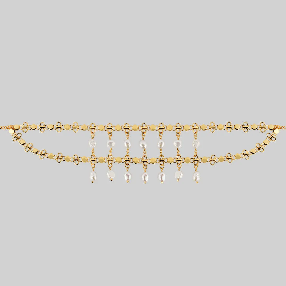 VALOUR. Double Chain Pearl Drop Choker - Gold