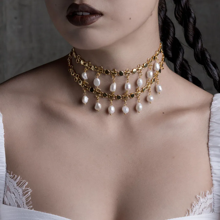 VALOUR. Double Chain Pearl Drop Choker - Gold